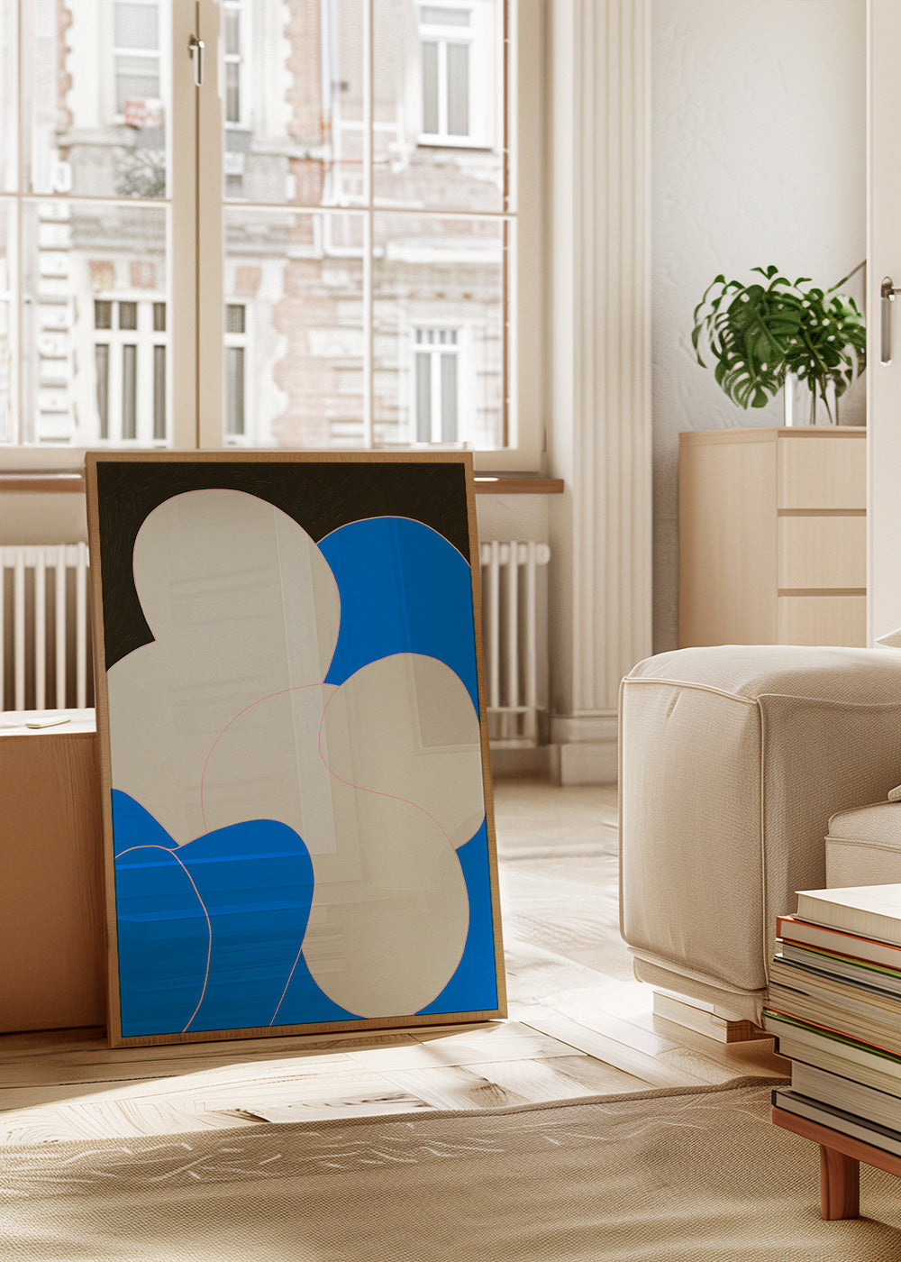 Abstract artwork: organic blue and white forms