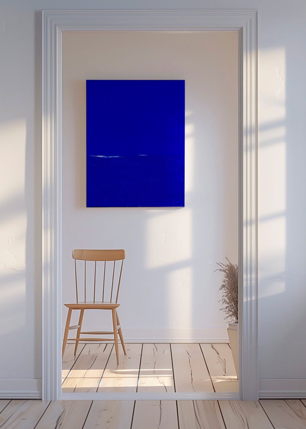 Blue abstract artwork with subtle horizon