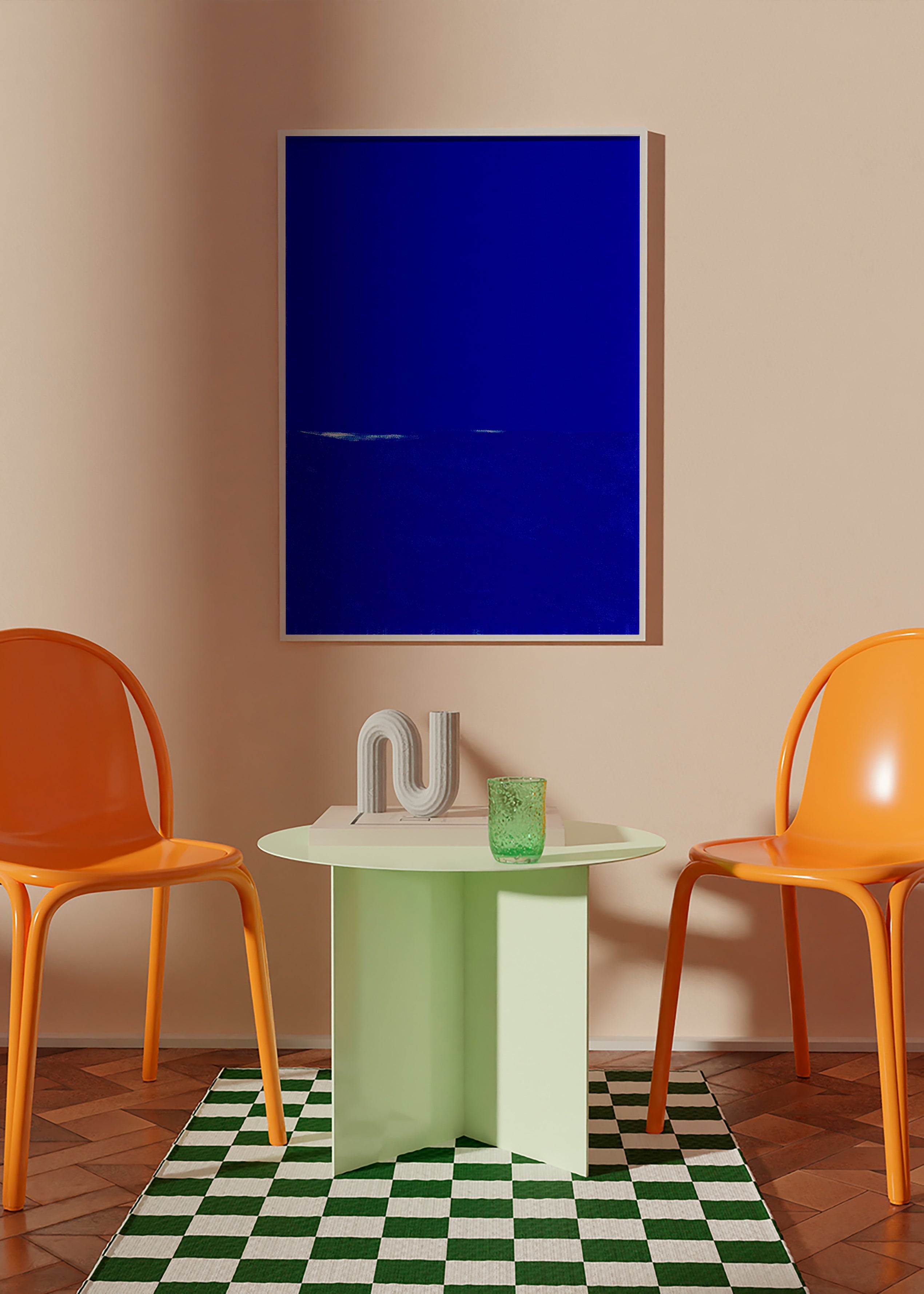 Blue abstract artwork with subtle horizon