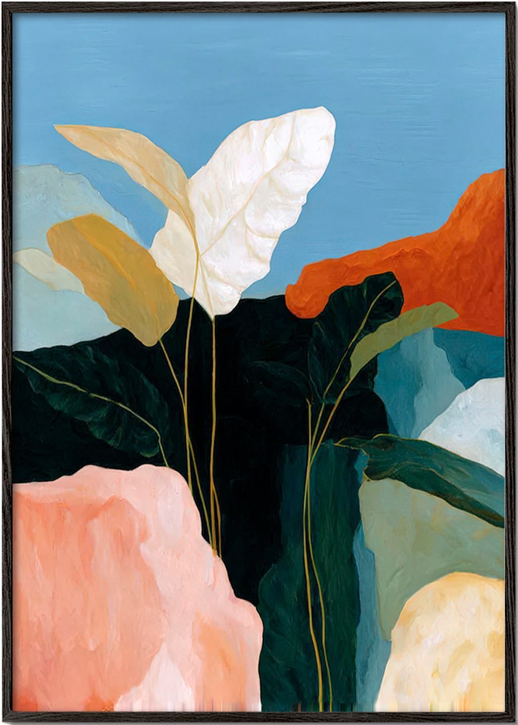 Botanical print with white leaves and rock forms
