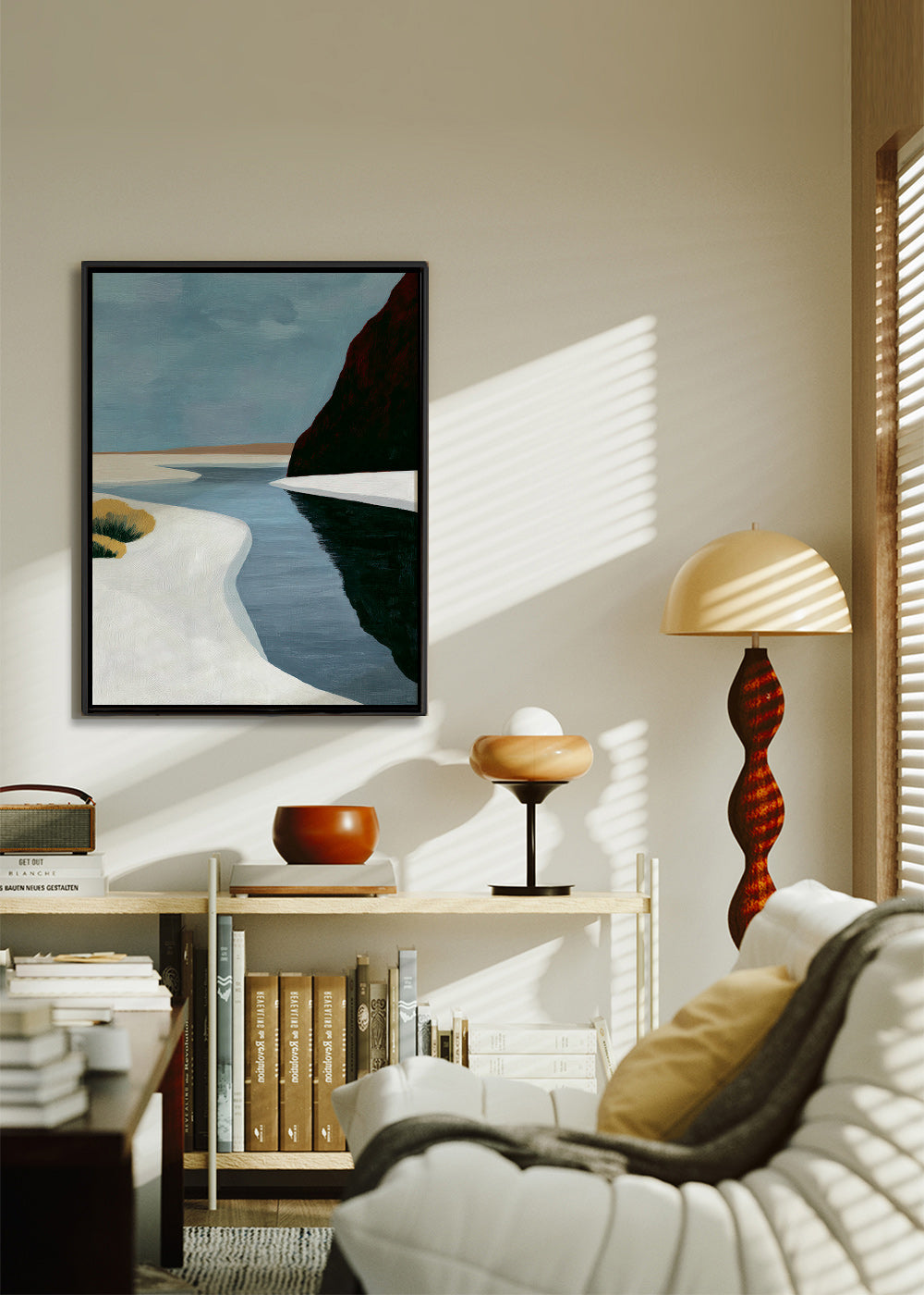 Landscape art: minimal estuary with dark cliff