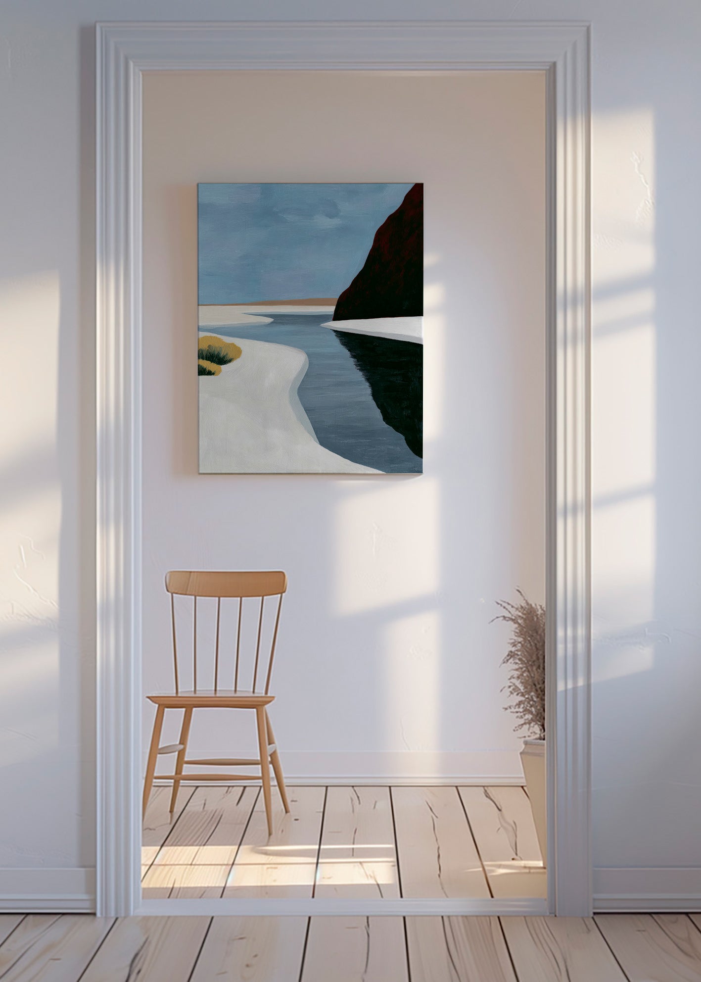 Landscape art: minimal estuary with dark cliff