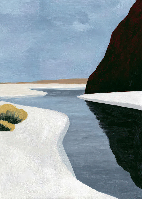 Landscape art: minimal estuary with dark cliff