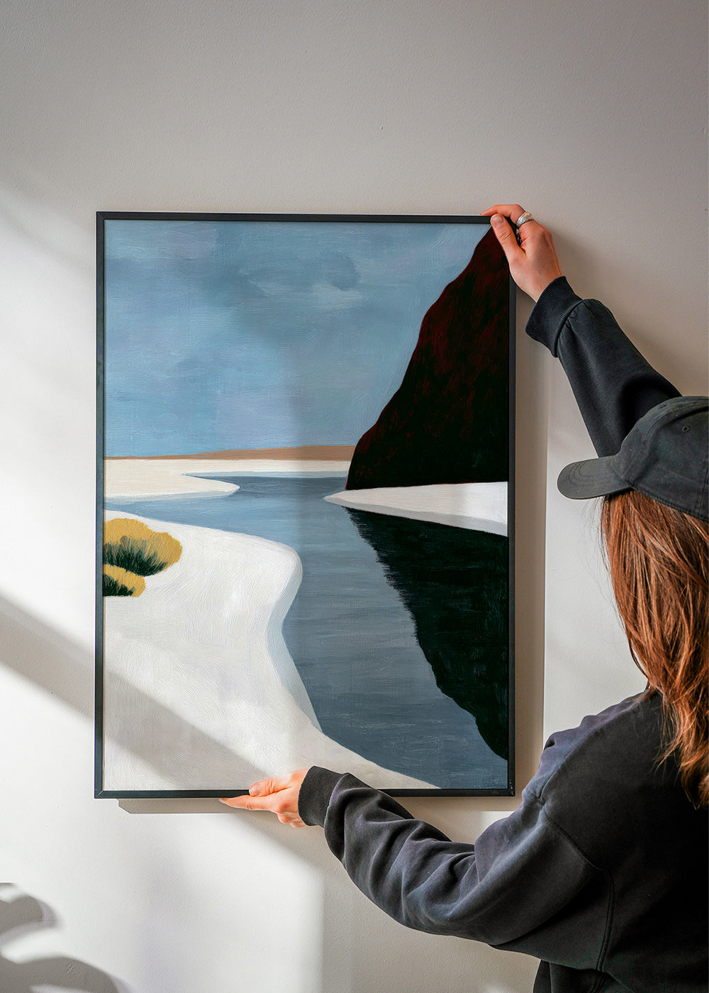 Landscape art: minimal estuary with dark cliff