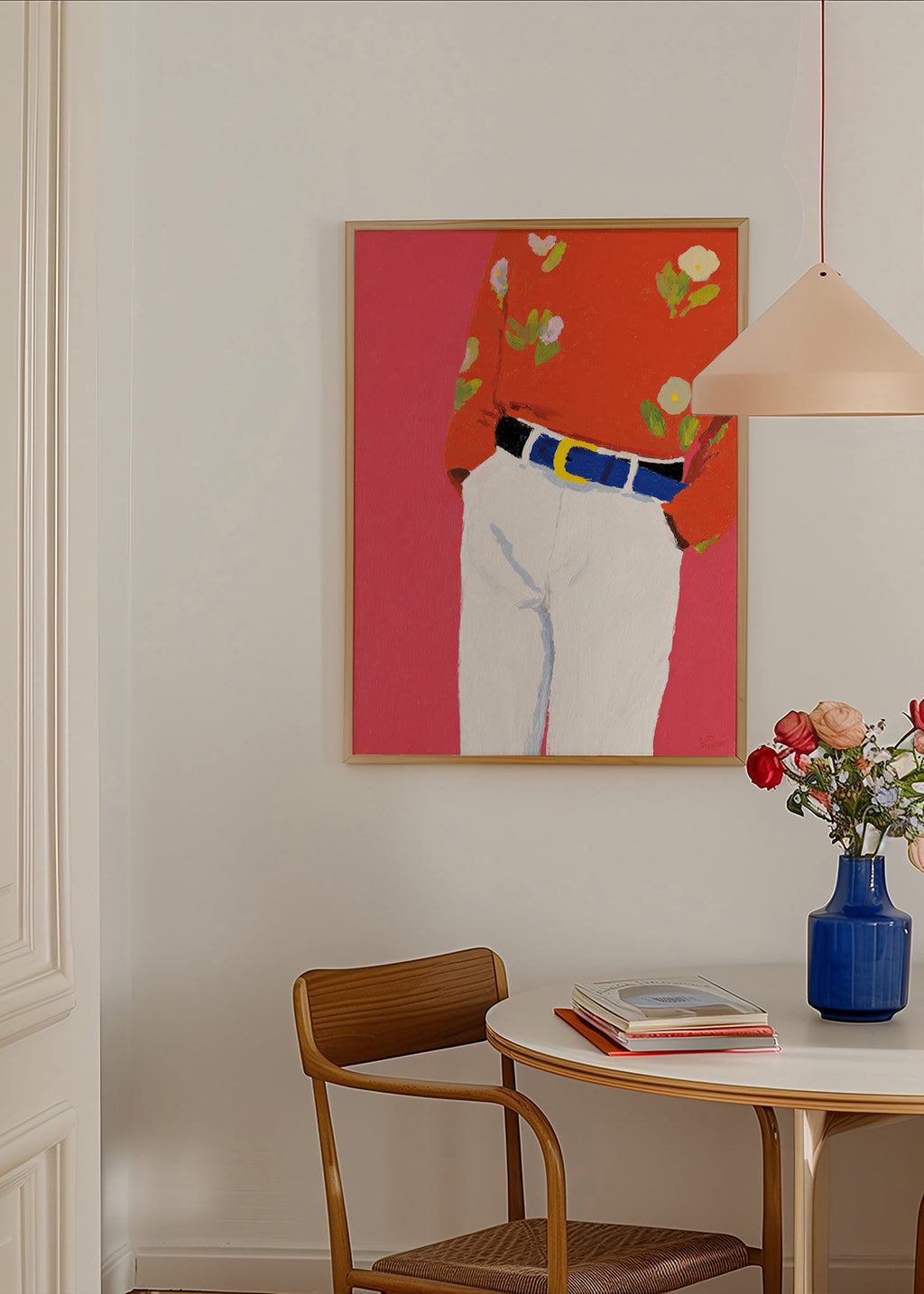 Illustration of torso with floral shirt on pink background