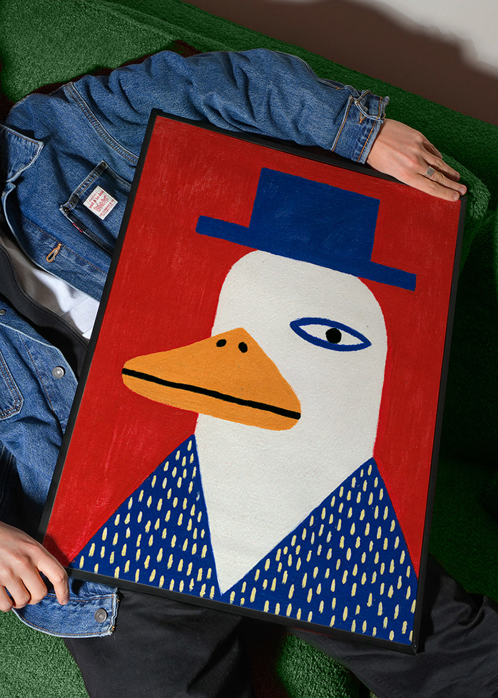 Duck portrait with blue hat
