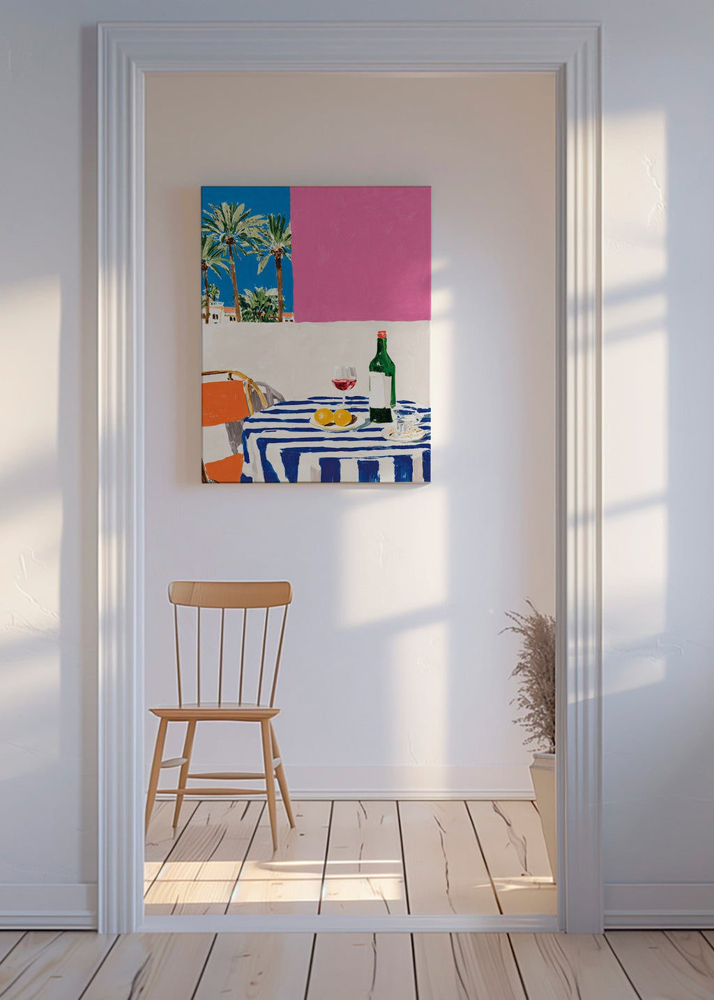 Kitchen art with striped table, wine and palms