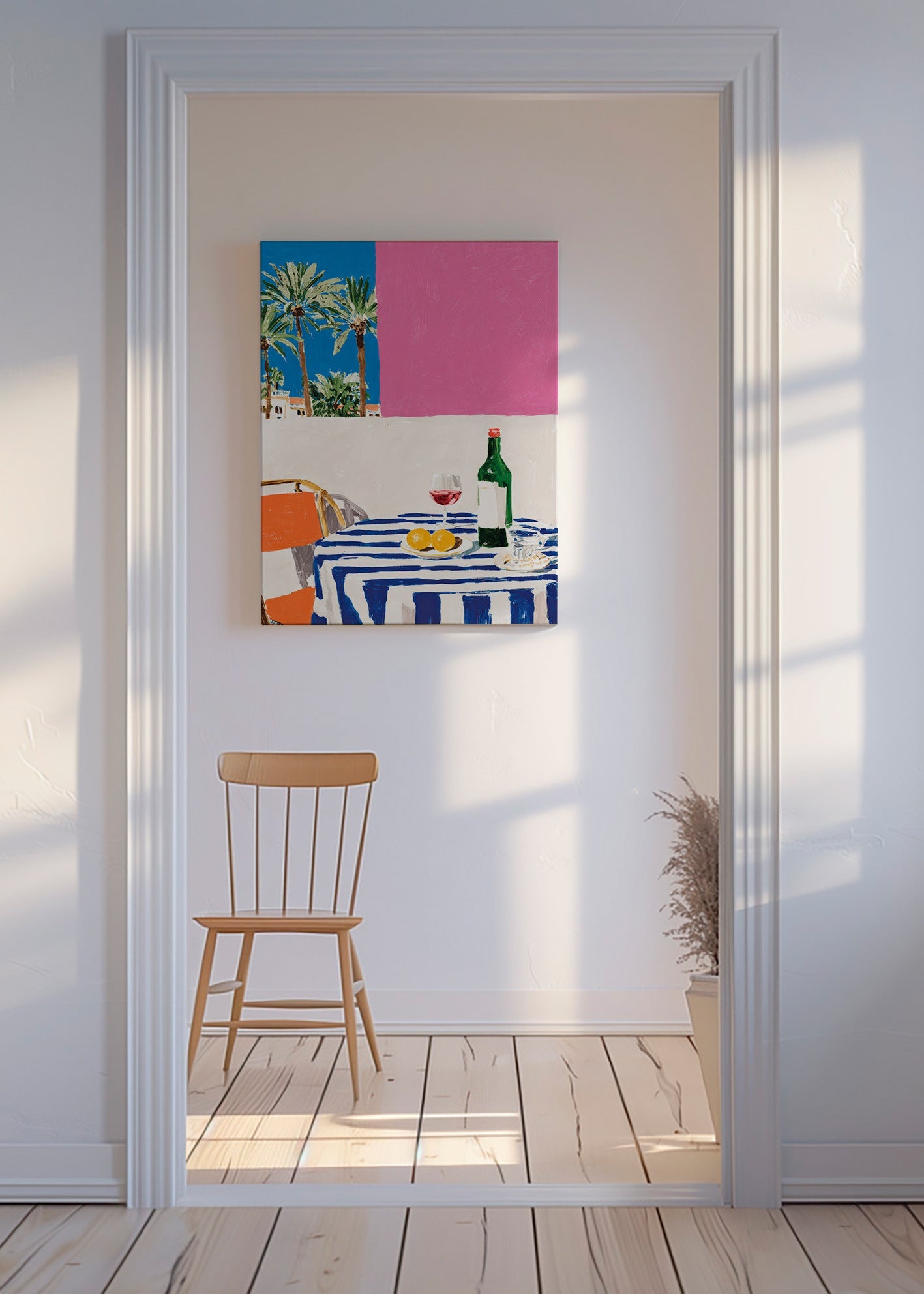 Kitchen art with striped table, wine and palms