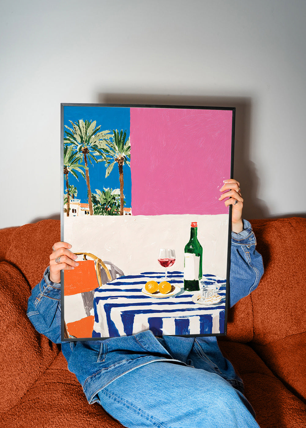 Kitchen art with striped table, wine and palms