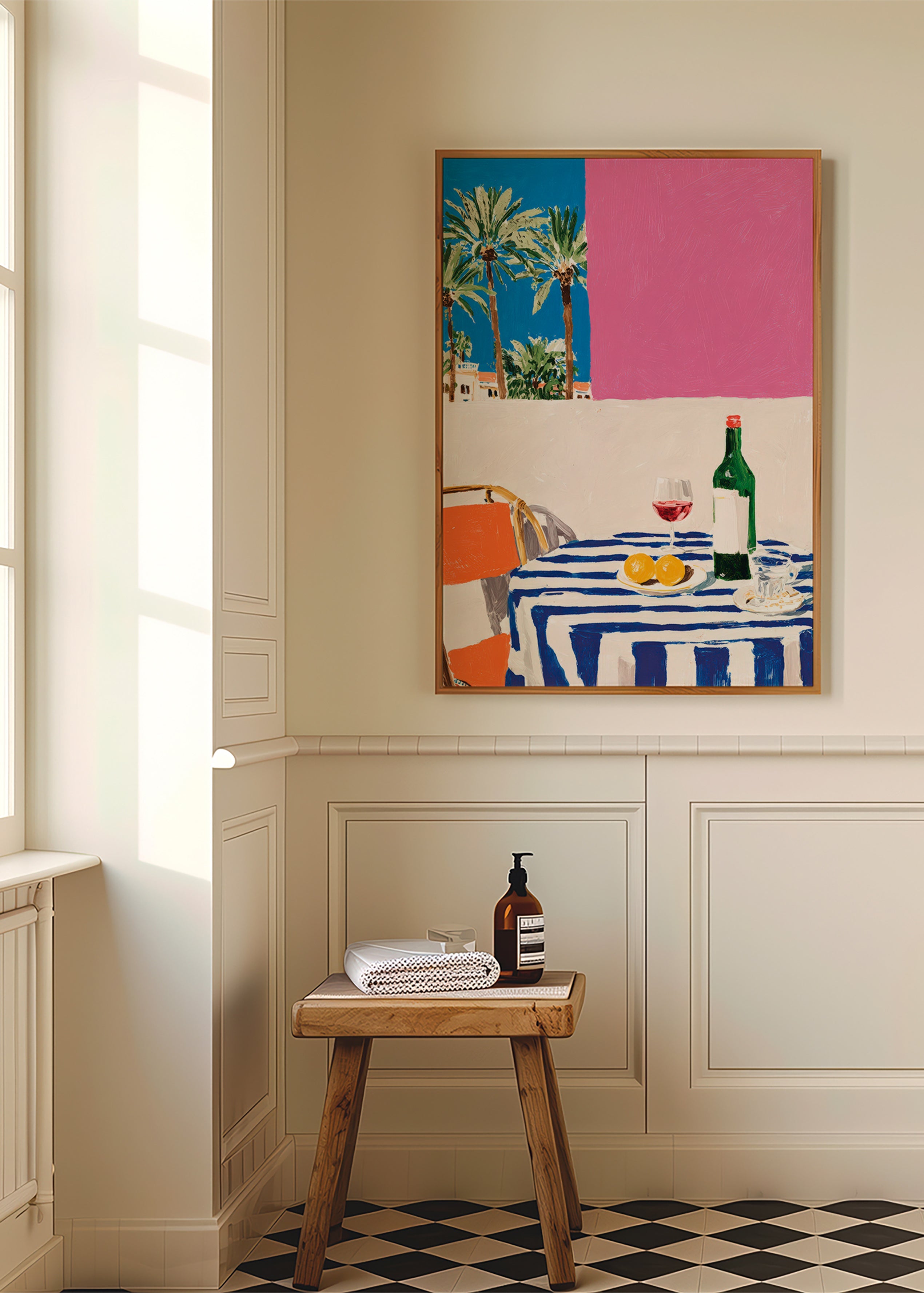 Kitchen art with striped table, wine and palms