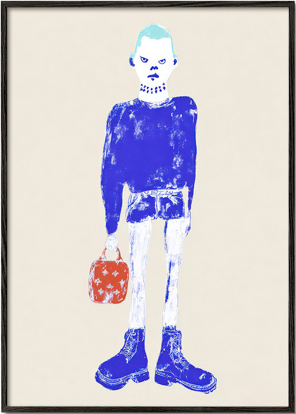 Blue figure illustration with bag