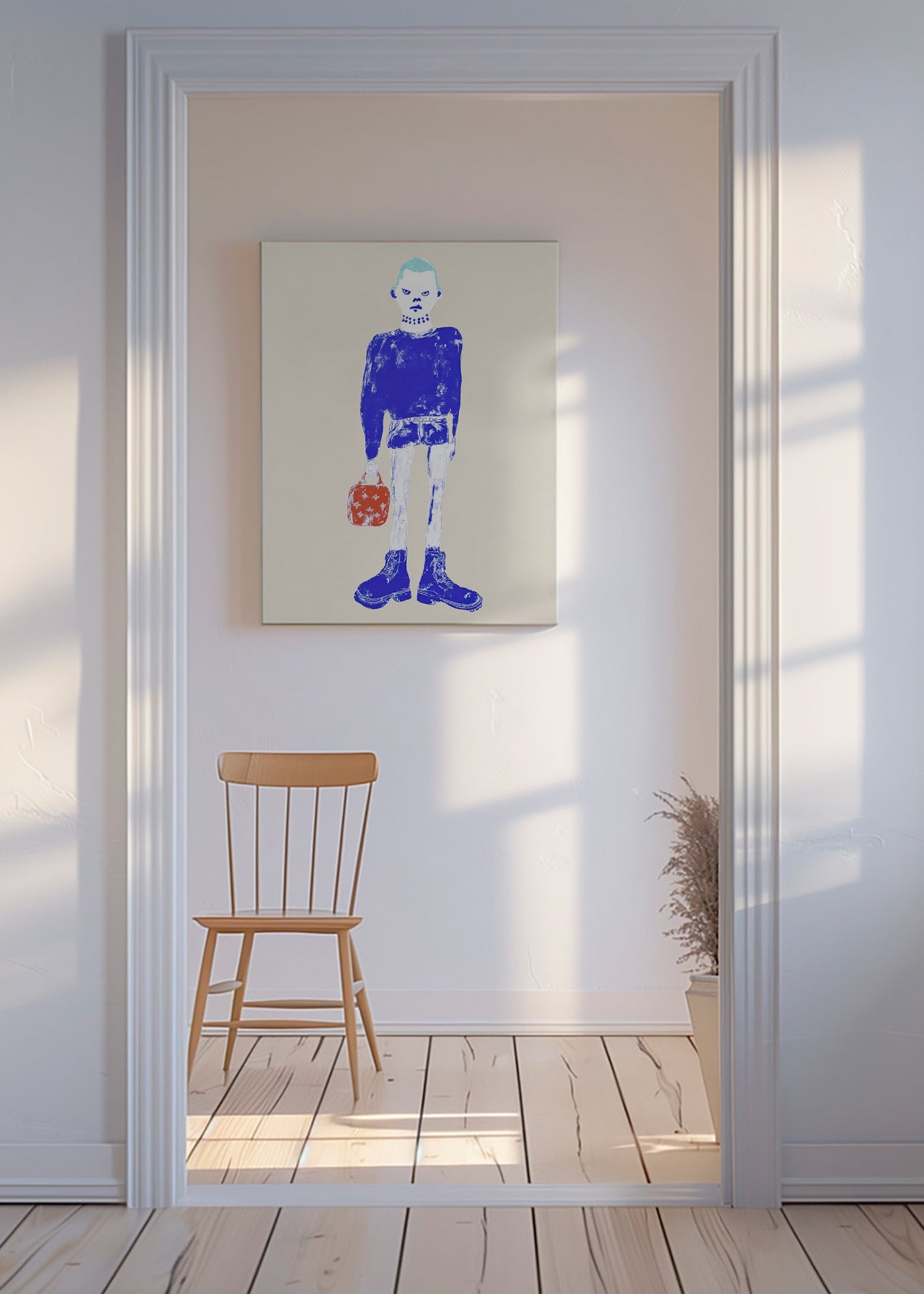 Blue figure illustration with bag
