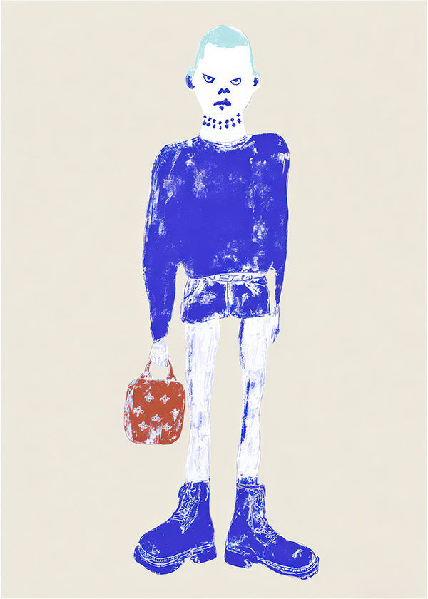 Blue figure illustration with bag