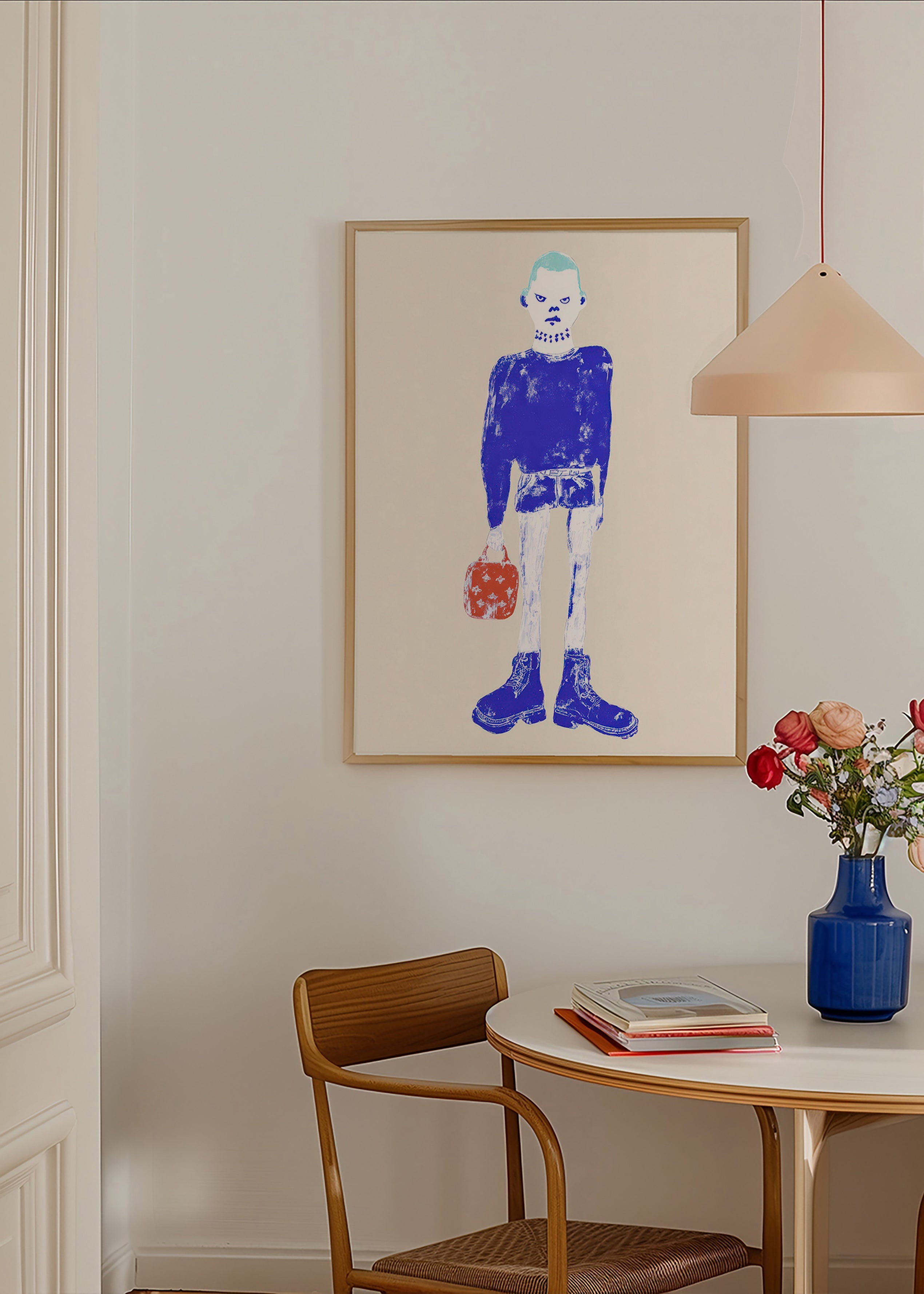 Blue figure illustration with bag