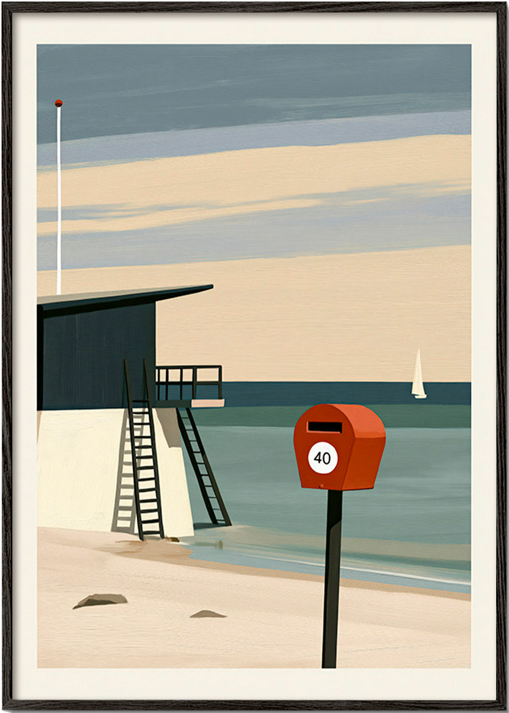 Landscape art with lifeguard hut and red postbox