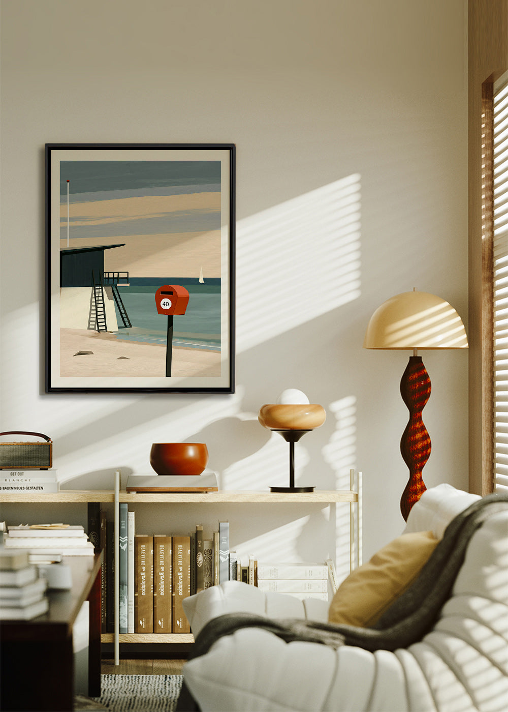 Landscape art with lifeguard hut and red postbox
