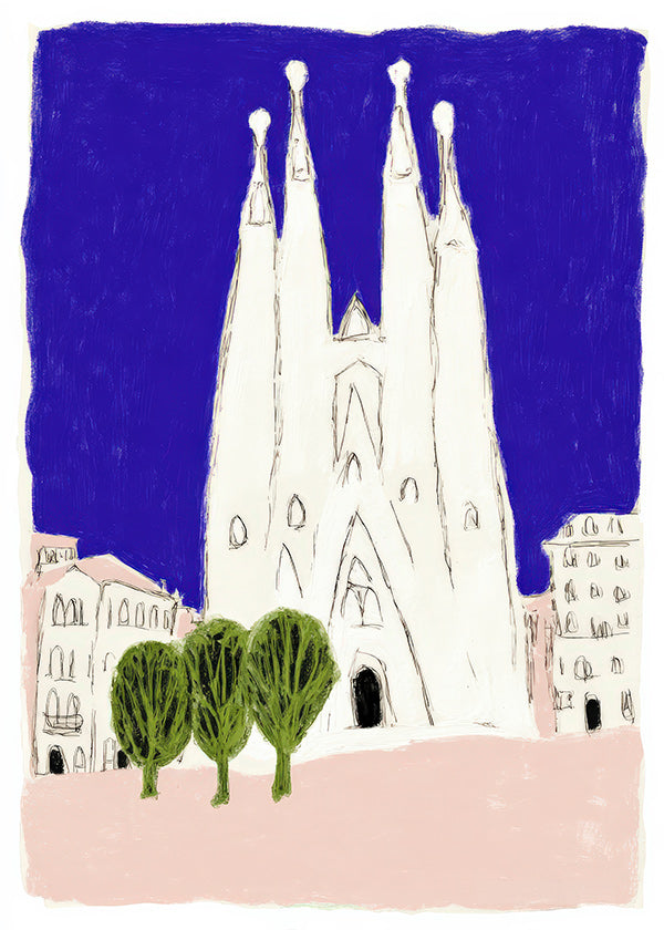 Travel poster Sagrada Familia night sketch