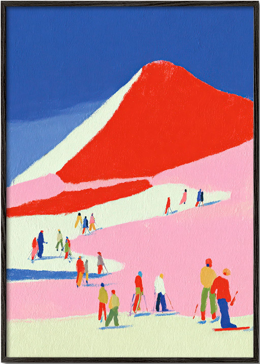 Landscape art: red mountain with skiers