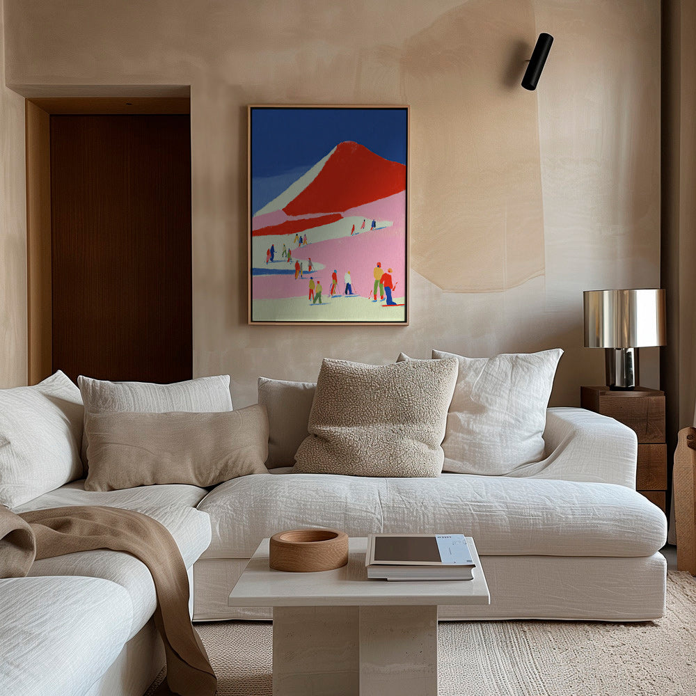 Landscape art: red mountain with skiers