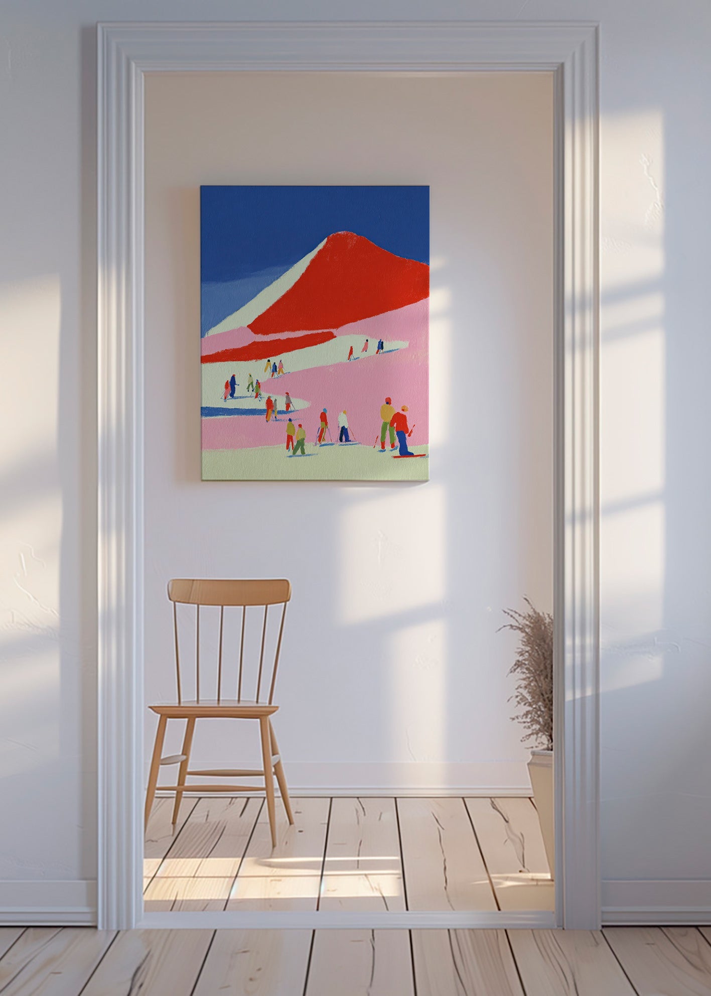 Landscape art: red mountain with skiers