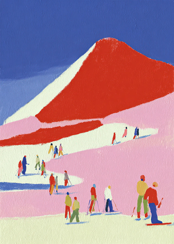 Landscape art: red mountain with skiers