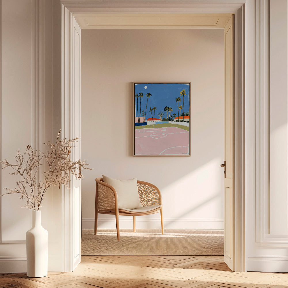 Sports art: pitch framed by palms