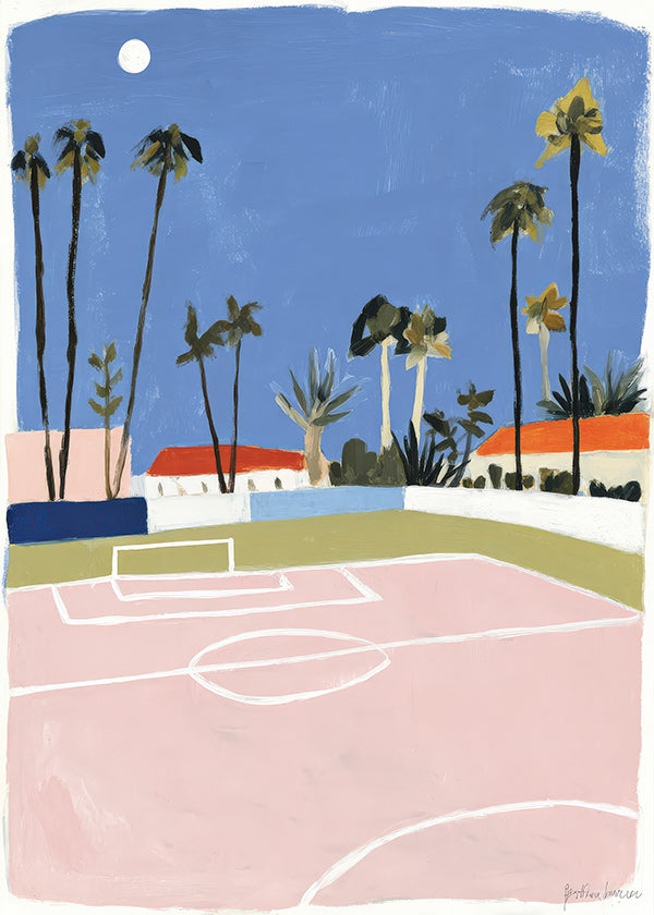 Sports art: pitch framed by palms