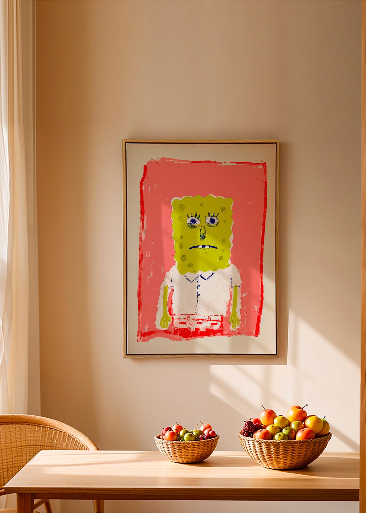 Sponge character illustration on pink background