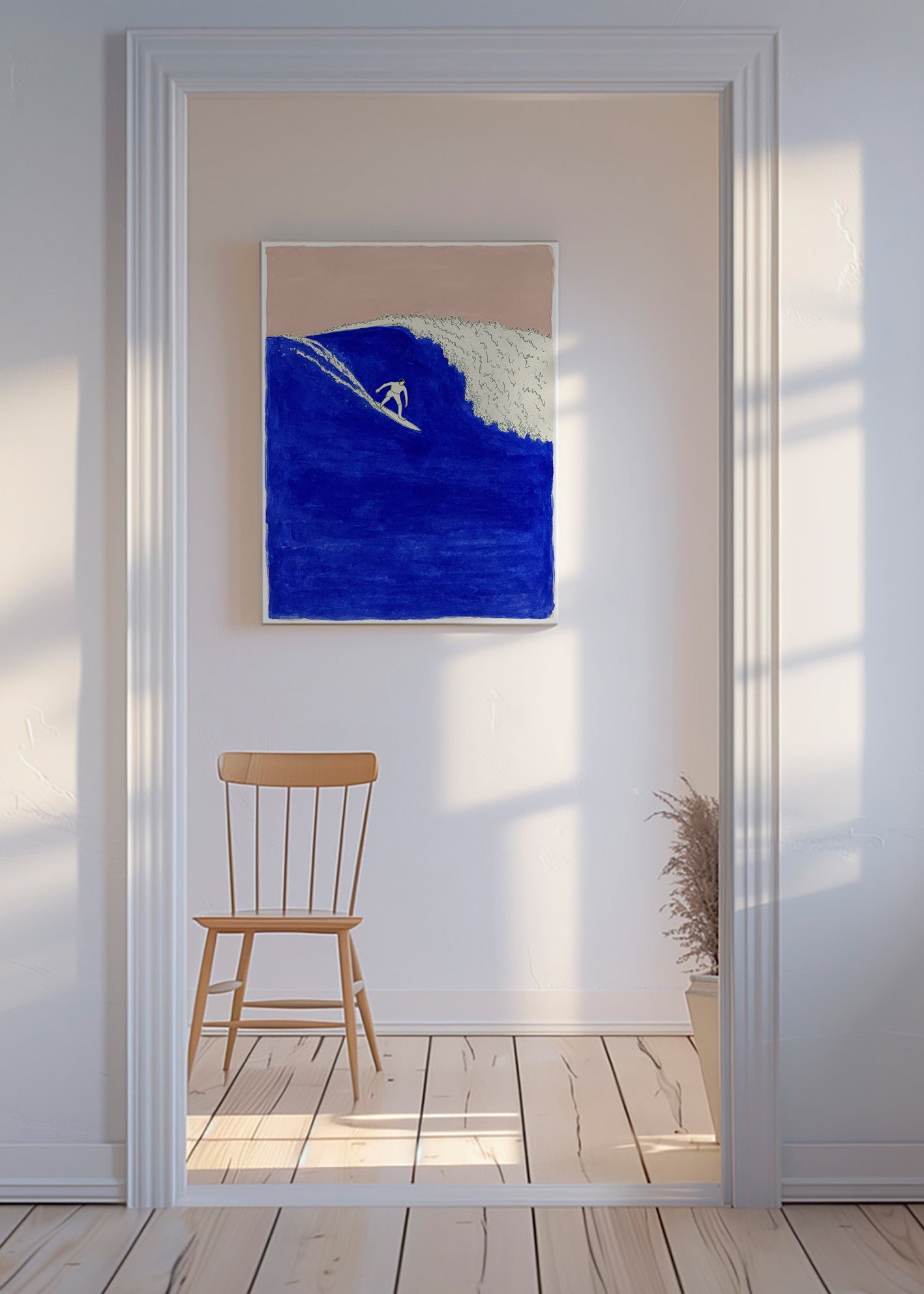 Surf art: surfer on an intense blue wave
