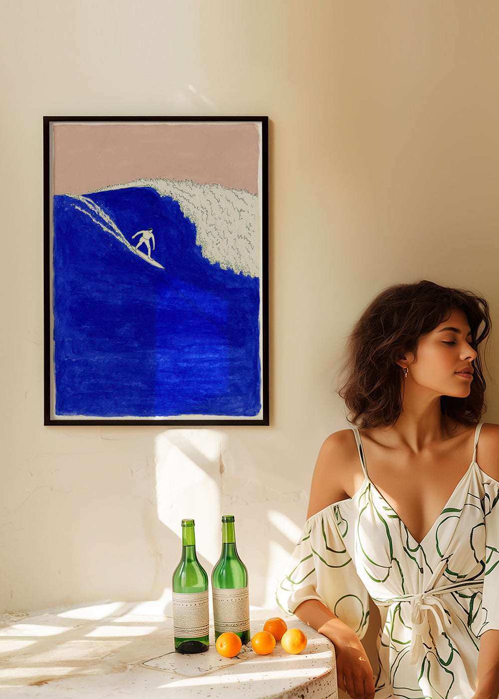 Surf art: surfer on an intense blue wave