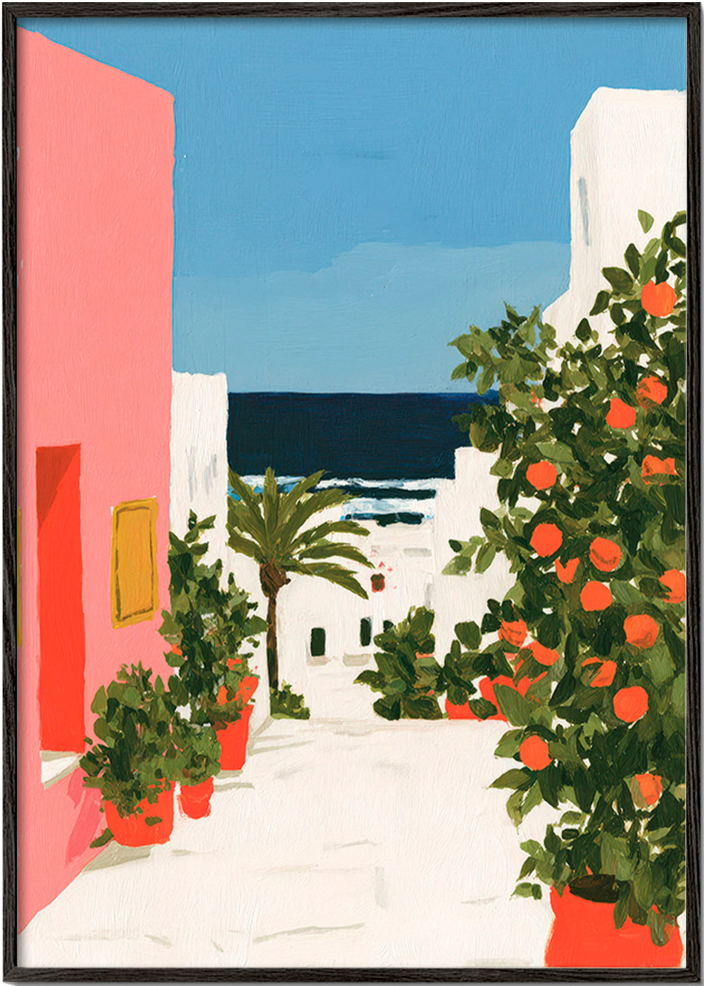 Landscape art: coastal alley with orange trees