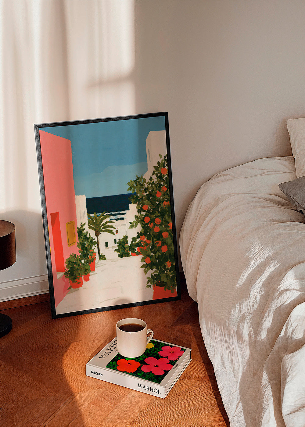 Landscape art: coastal alley with orange trees