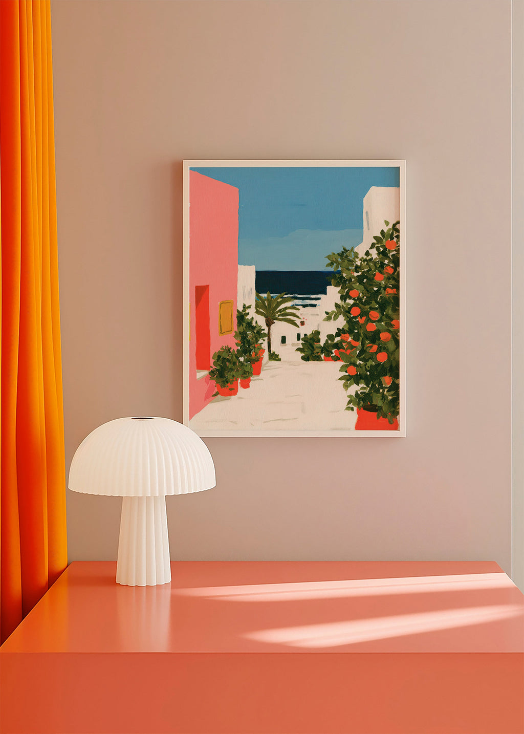 Landscape art: coastal alley with orange trees