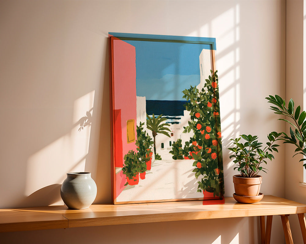 Landscape art: coastal alley with orange trees
