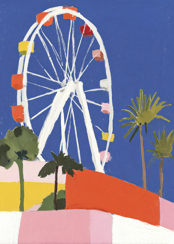 Travel poster with ferris wheel illustration