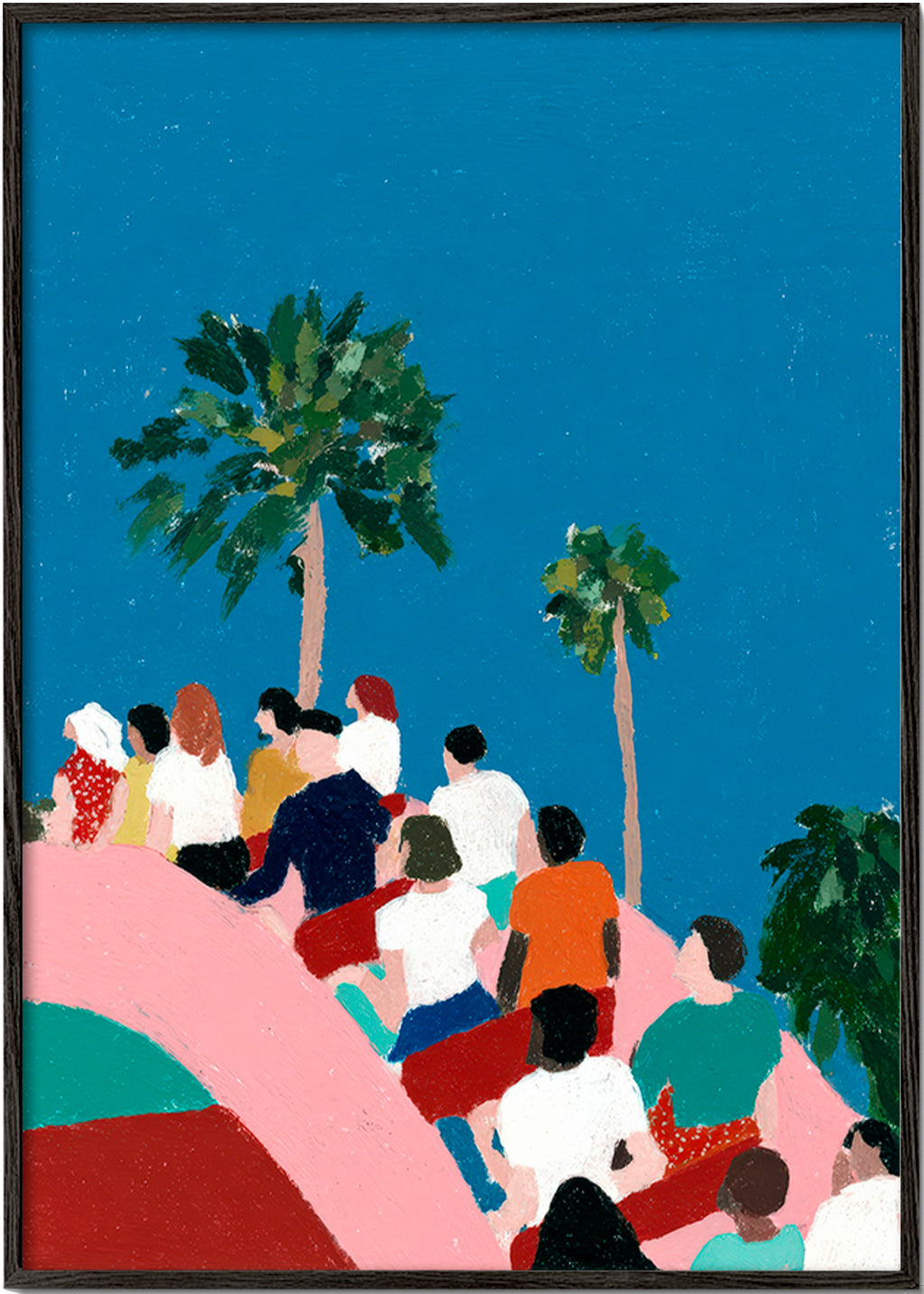 Illustration of a crowd on a ride with palms
