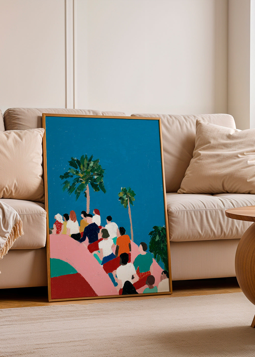 Illustration of a crowd on a ride with palms