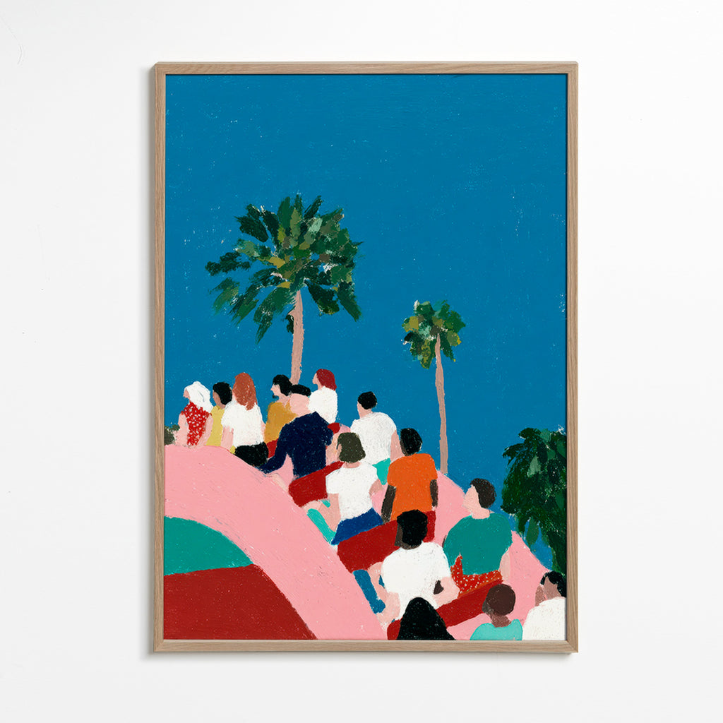 Illustration of a crowd on a ride with palms