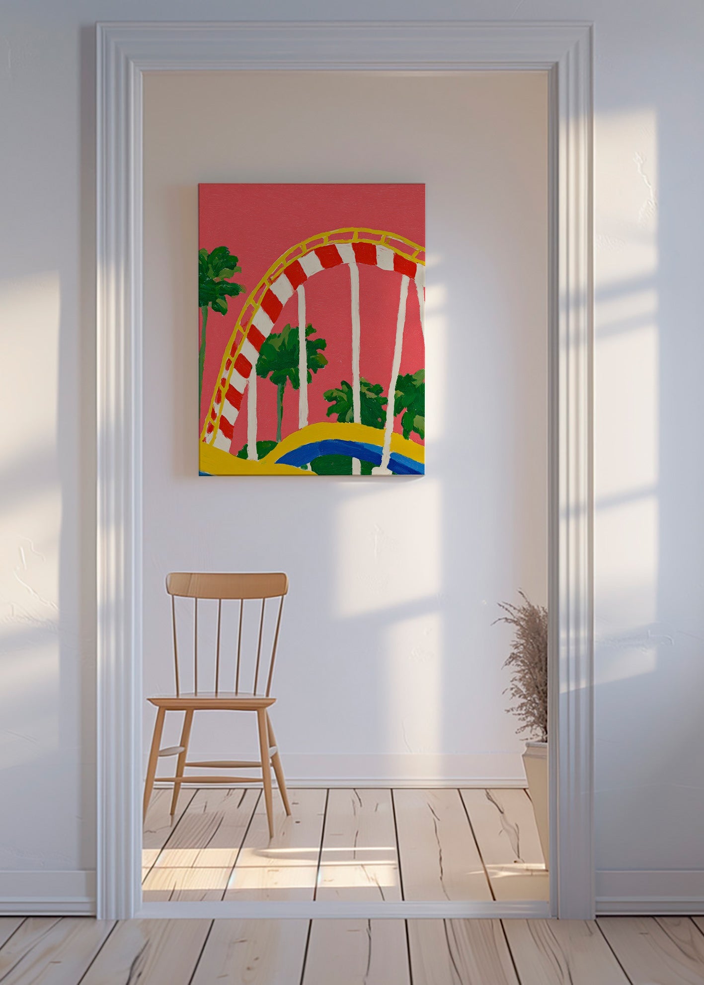 Botanical print with palms and colorful arch