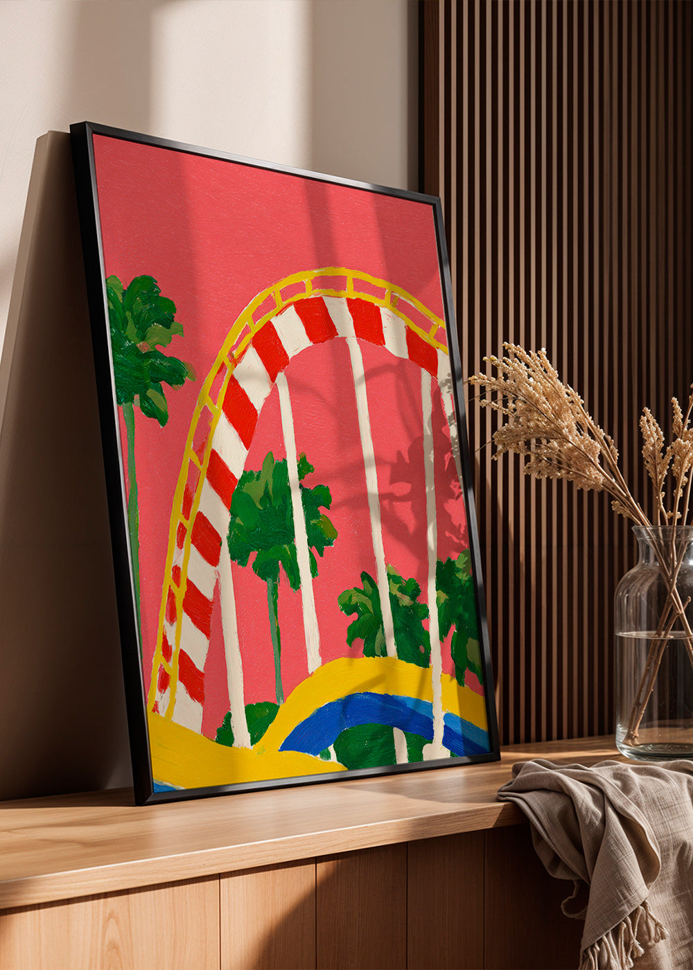 Botanical print with palms and colorful arch