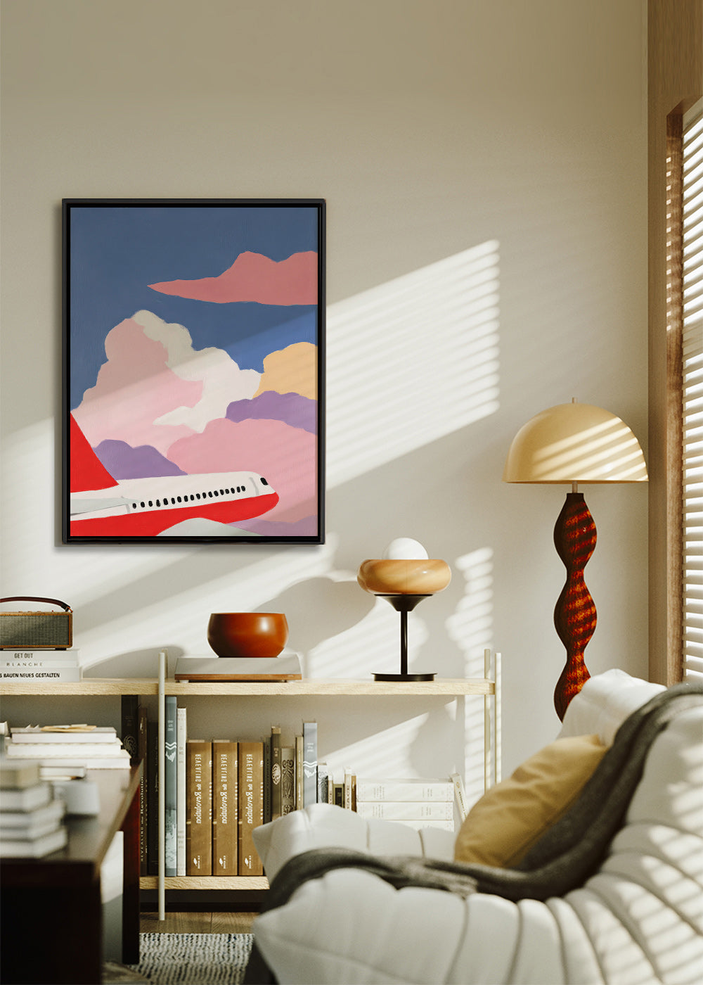 Illustration of airplane over pink clouds