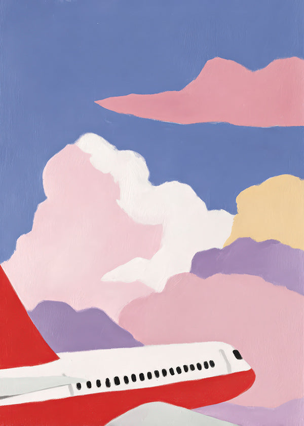 Illustration of airplane over pink clouds