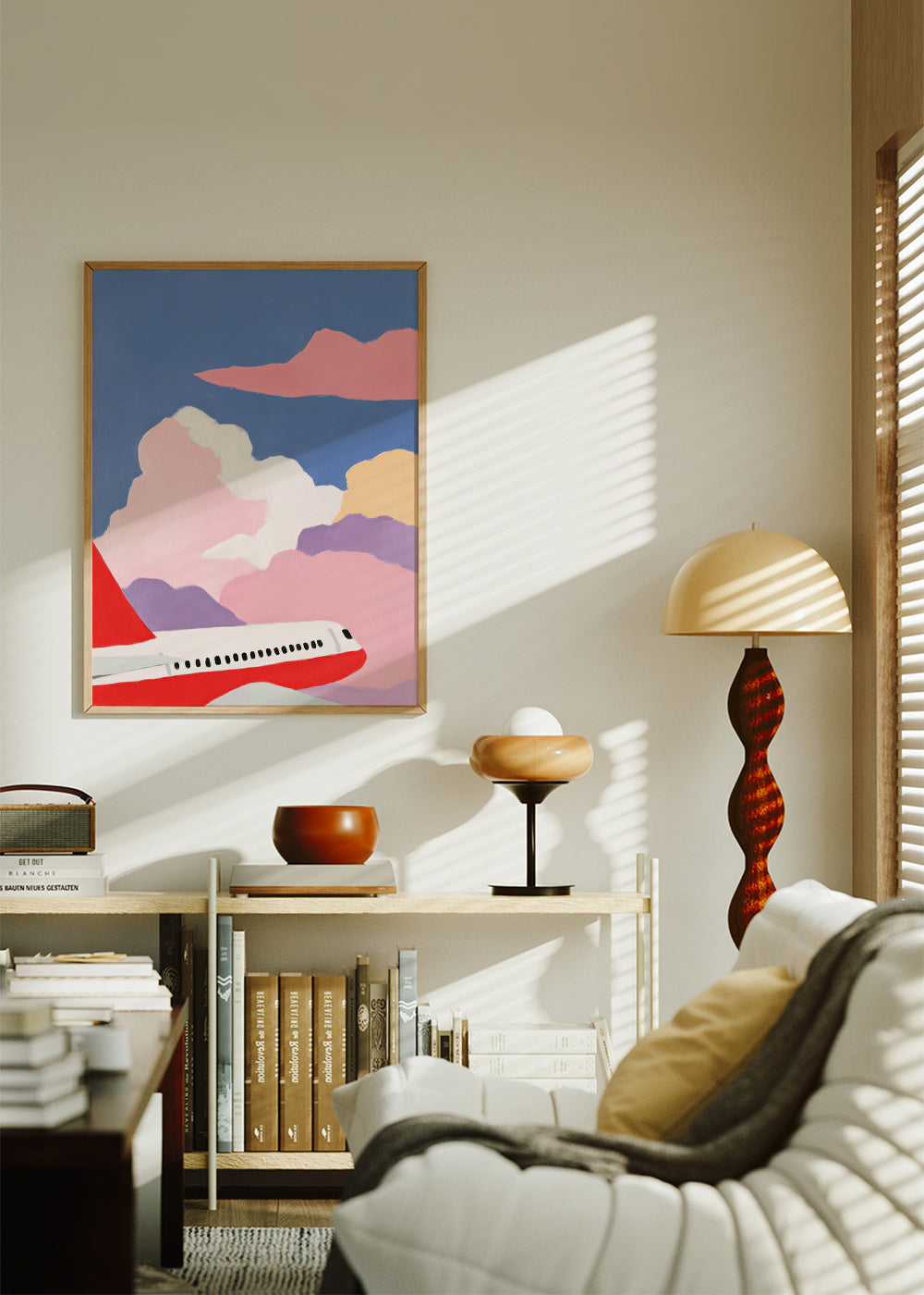 Illustration of airplane over pink clouds