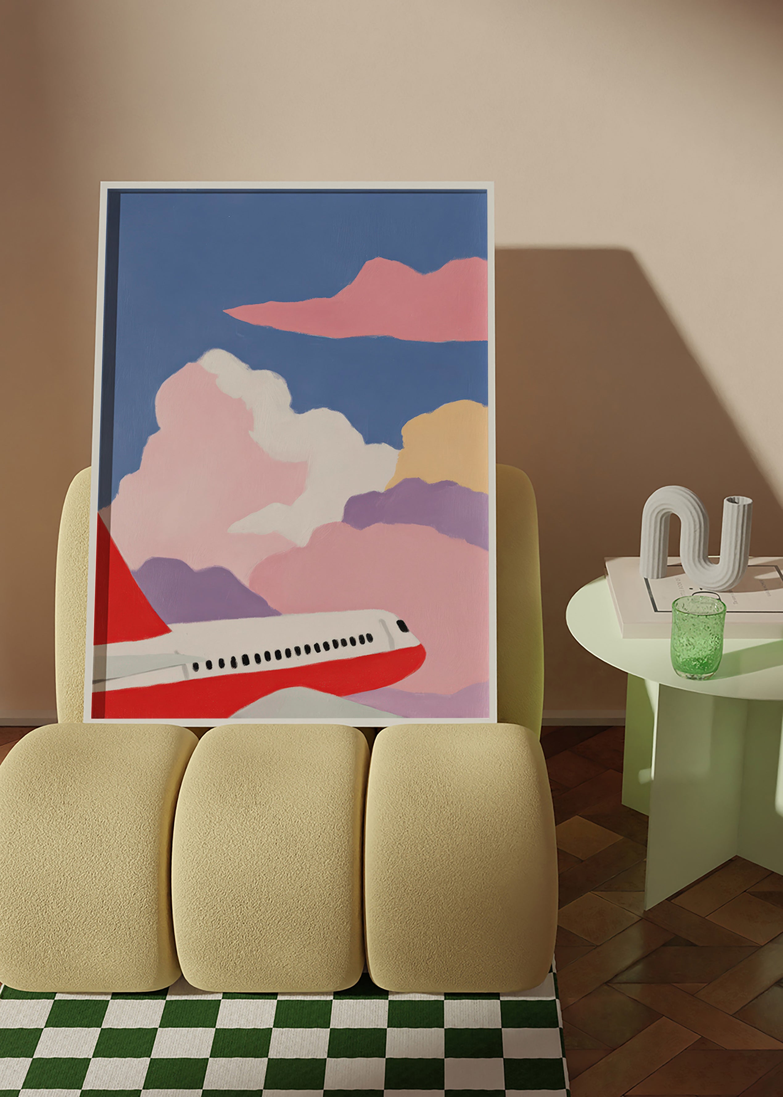 Illustration of airplane over pink clouds