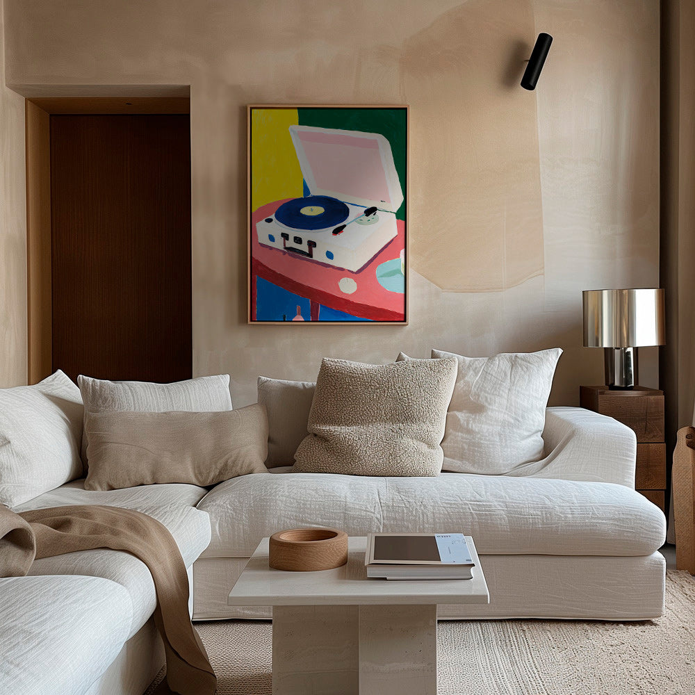 Illustration: vintage record player on table