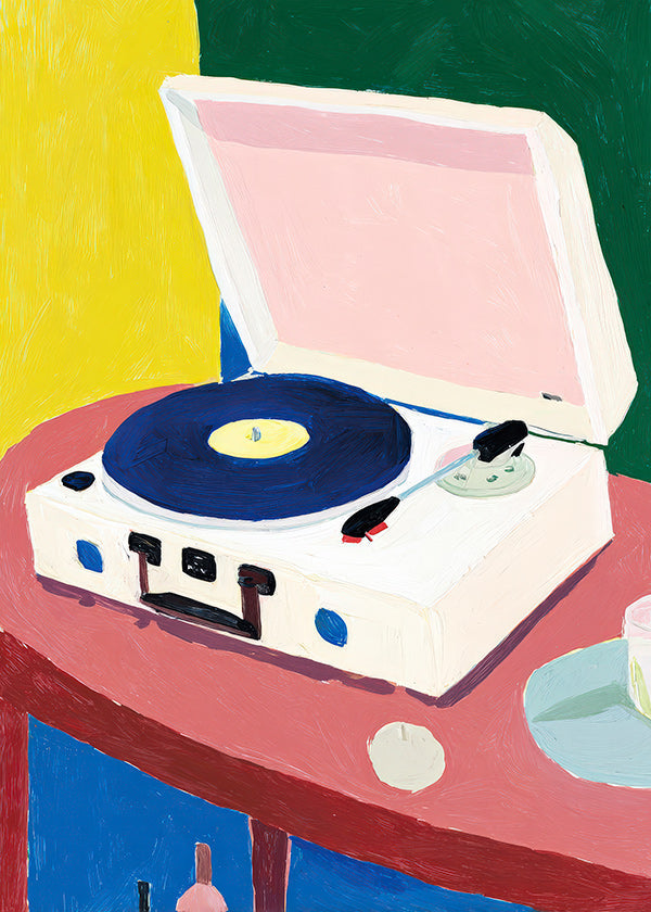 Illustration: vintage record player on table