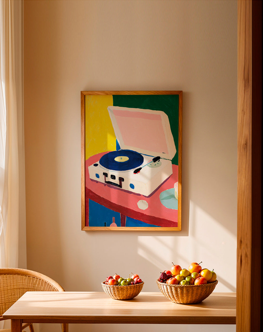 Illustration: vintage record player on table