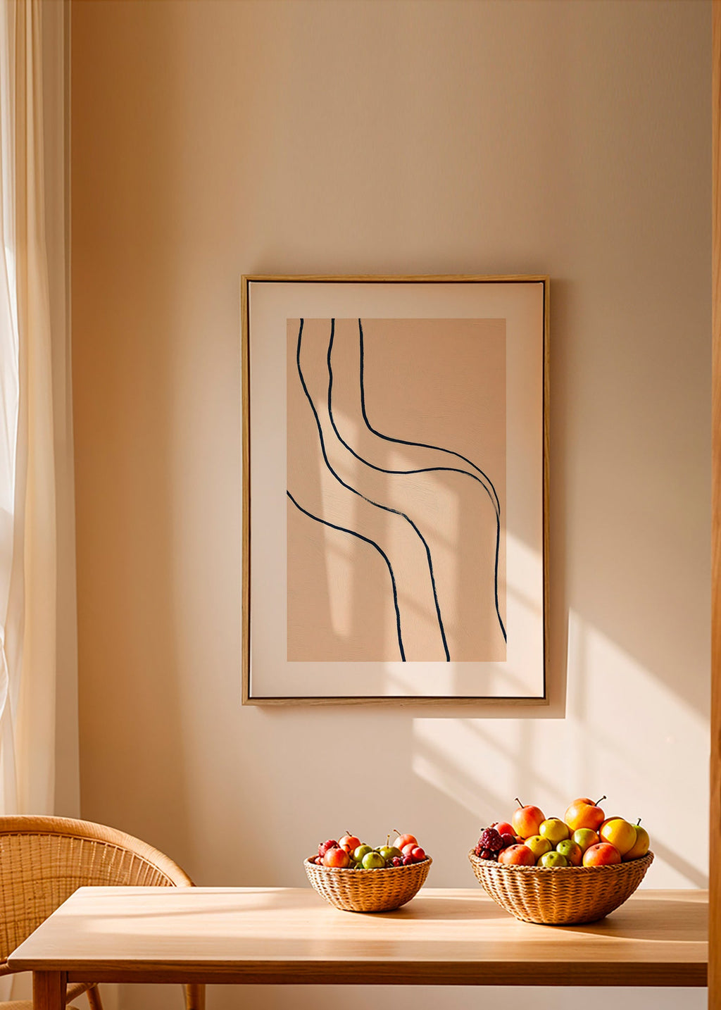 Minimalist art with flowing lines on beige