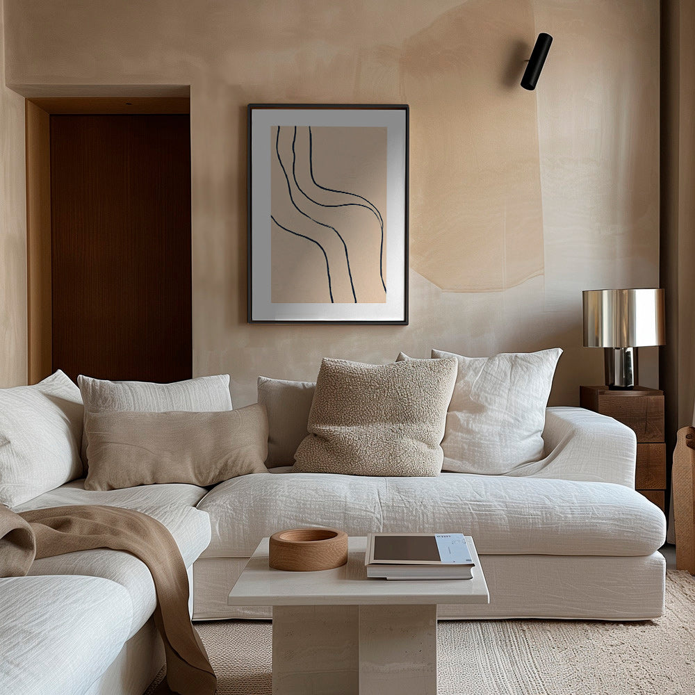 Minimalist art with flowing lines on beige