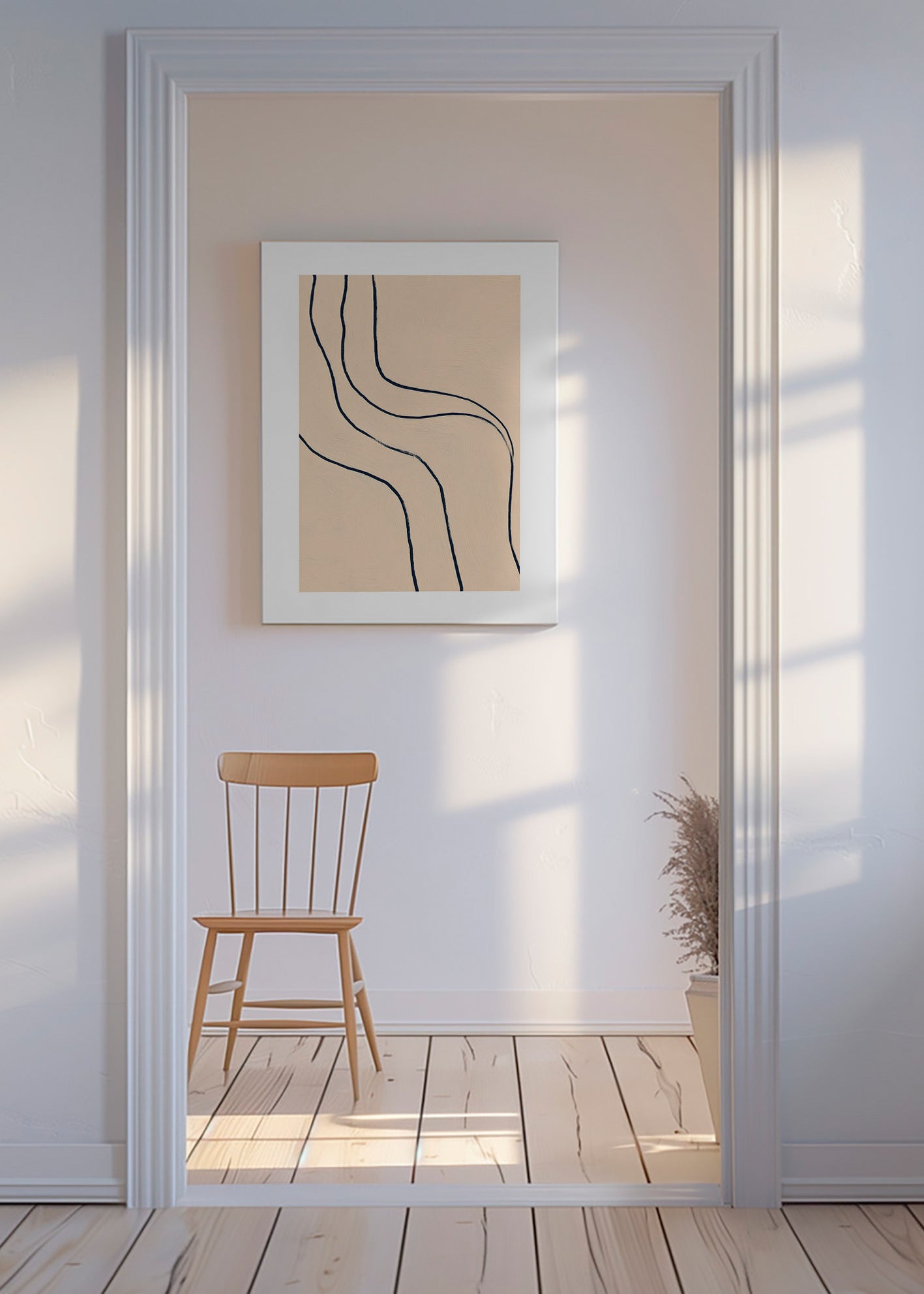 Minimalist art with flowing lines on beige